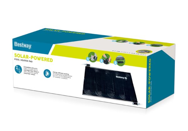 Packaging of Bestway Solar Pool Heater Pad with product details and images