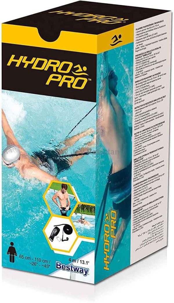 Bestway HydroPro Swimulator Resistance Trainer packaging with swimmer in pool
