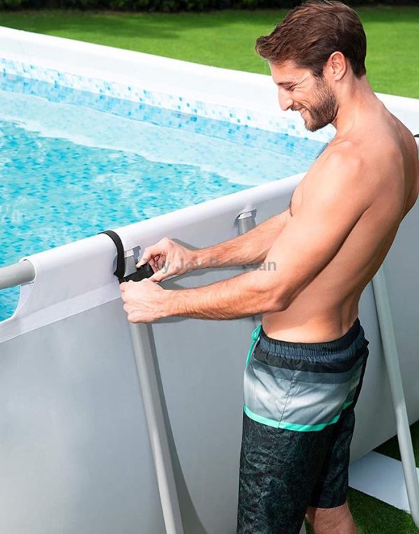 Man attaching Bestway swimming pool resistance trainer to pool frame